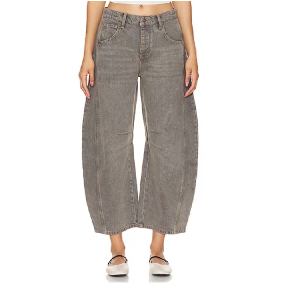 Free People Barrel Jean Womens SZ 28 Gray Lucky You Mid Rise Button Fly Cropped